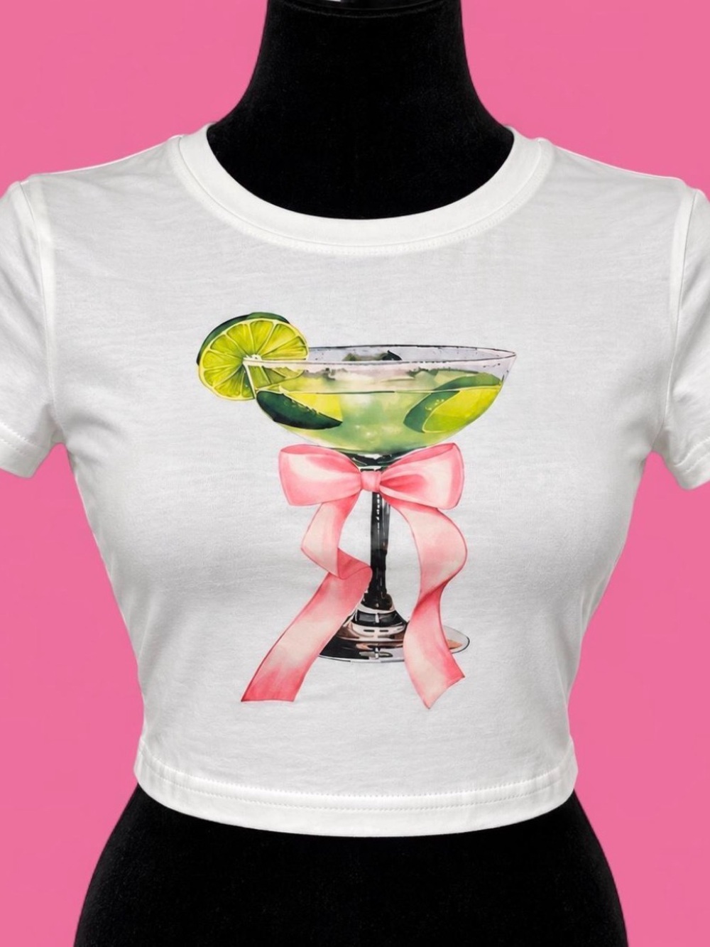 White Crop Tee with Lime Cocktail Graphic and Pink Bow